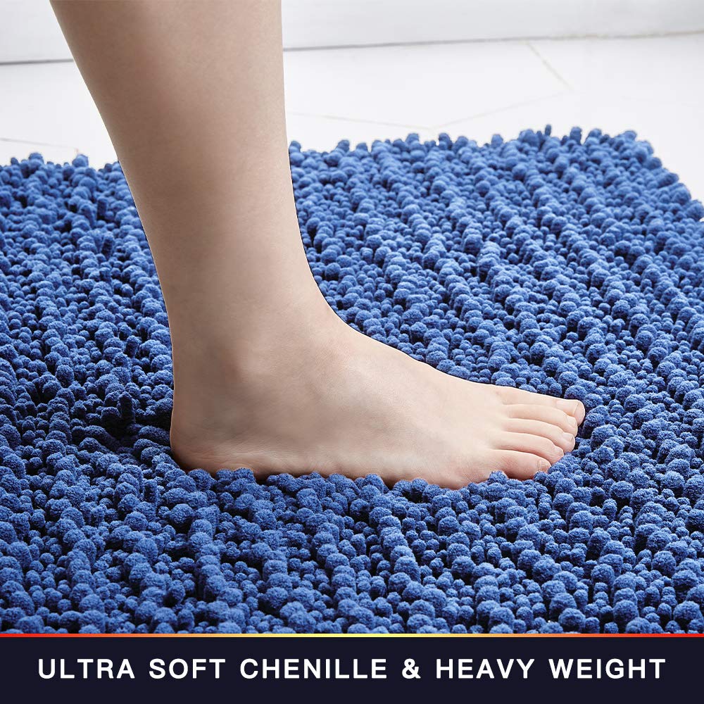 Walensee Bathroom Rug Non Slip Bath Mat (24X17 Inch Dark Blue) Water Absorbent Super Soft Shaggy Chenille Machine Washable Dry E